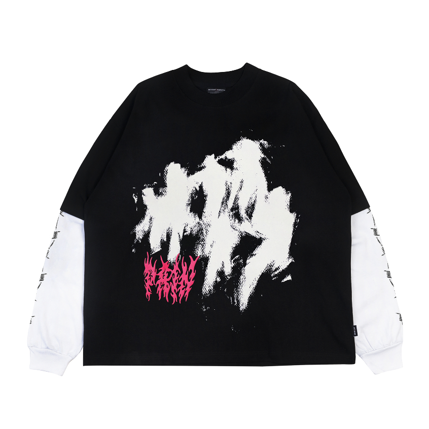 AccentAmbios Boxy Oversized Double Sleeve Tshirt Heart Speak Silence Black Unisex - Cotton Combed 20s