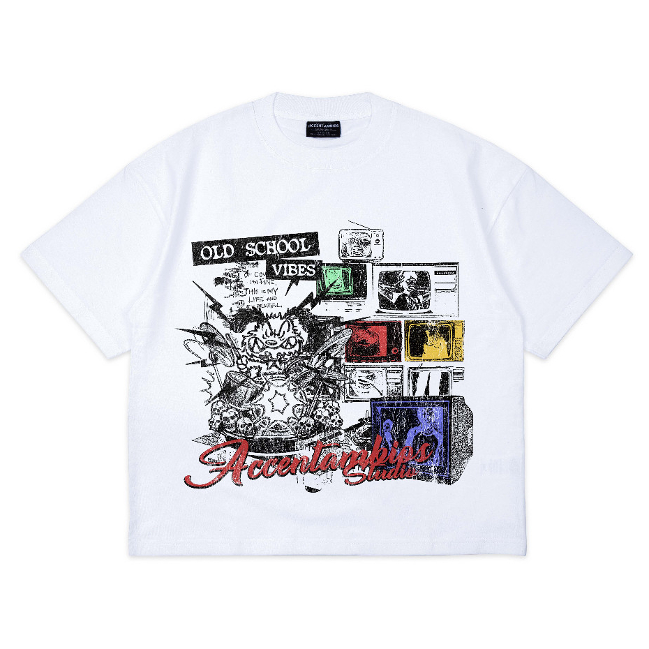 AccentAmbios Boxy Oversized T-Shirt Old School White Unisex - Cotton Combed 20s